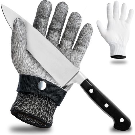 Schnittschutzhandschuh aus Edelstahldraht - Hoher Tragekomfort und sicheres Schneiden - Praktisch, leicht zu reinigen und lebensmittelecht - Baumwollhandschuh inklusive (L) (1/5)