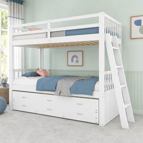 Etagenbett 90x200 cm Weiß aus Kiefernholz und MDF mit Ausziehbett, 3 Schubladen und Leiter (1/5)