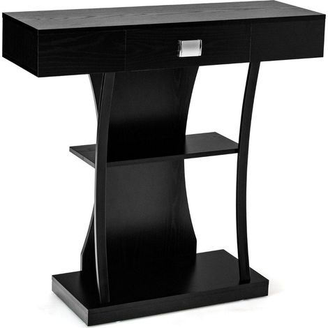 Mesa consola con cajones estructura de metal 2 estantes y mesa de pasillo con proteccion antivuelco negra