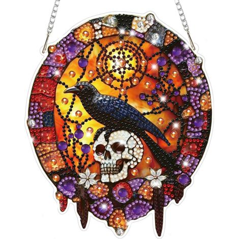 Pendentif peinture diamant 5D Corbeau Crâne Décoration de fenêtre gothique à suspendre
