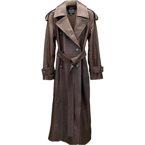 Trench pour femme en peau de mouton noir et rouge avec col à revers à double boutonnage, coupe ajustée, veste longue (1/5)
