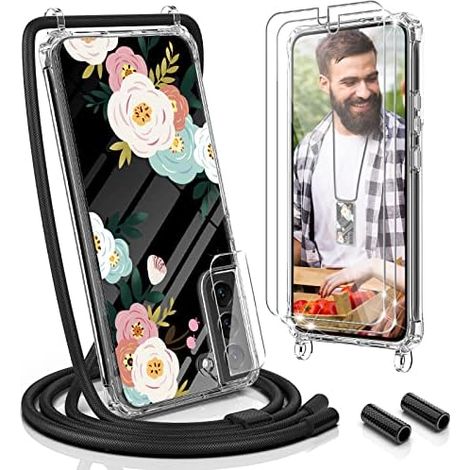 CUSTODIA A FIORI CON CORDINO NERO PER SAMSUNG GALAXY S22 6.6"" 2x VETRO TEMPERATO (1/5)
