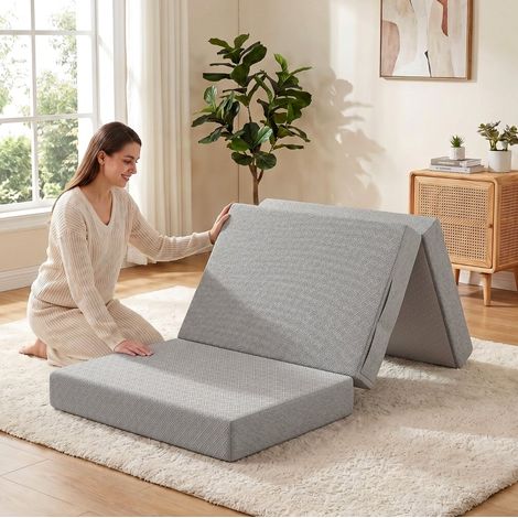Materasso pieghevole 90 x 200 cm, 15 cm, 3 pieghe, fodera lavabile, grigio chiaro OKMYHOME (1/5)