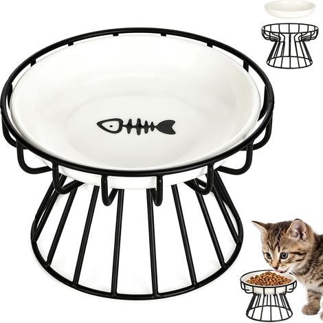 Support Métal Gamelle Chat Surélevée, Design Plat Bol Céramique Surélevée pour Chat, Lavable au Lave-Vaisselle et Stable (1/5)