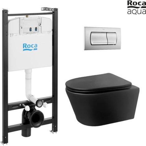 BASTIDOR ROCA ACTIVE PACK CISTERNA EMPOTRADA Y PULSADOR CROMO MATE CON INODORO SUSPENDIDO Rimless LIA Negro de AzulBath