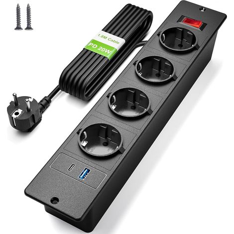 Multiprise Encastrable 4 Prises, Prise Encastrable Plan de Travail avec USB C PD 20 W, Multiprise de Table avec Interrupteur (1/5)