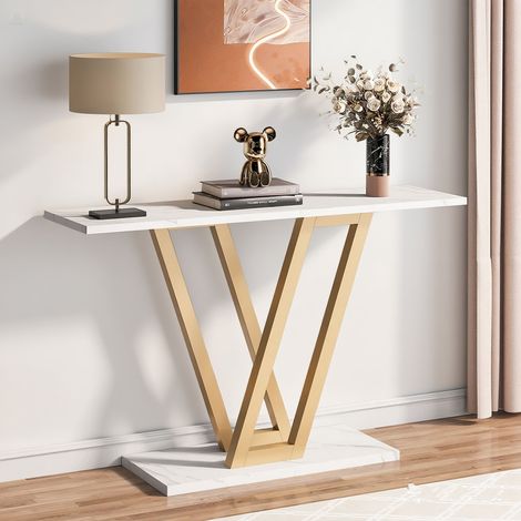 Konsolenmöbel, Konsolentisch für Flur und Eingangsbereich, 110 × 30 × 80 cm, schmaler Sofatisch für das Wohnzimmer, Weiß + Gold