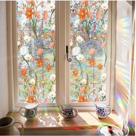 100x43cm Film de Confidentialité pour Fenêtre Arc en Ciel à Fleurs Sauvages Autocollants pour Fenêtre Bloquant Le Soleil Vitrail Décoratif Statique Résistant aux UV Attrape Soleil (1/4)