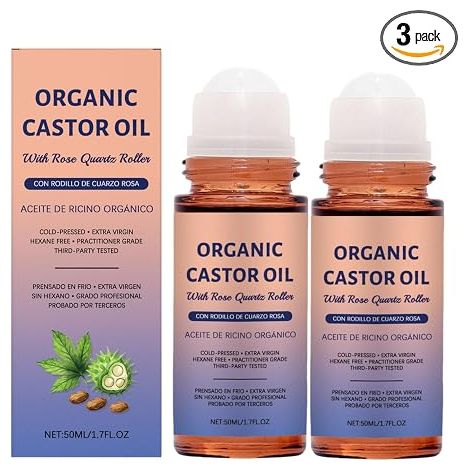 Dieses 3er-Pack Bio-Rizinusöl-Roll-ons enthält je 50 ml der ätherischen Öle und einen Rosenquarz-Roll-on. Es besteht aus 100 % reinem, kaltgepresstem und hexanfreiem Rizinusöl und eignet sich für Haar (1/5)