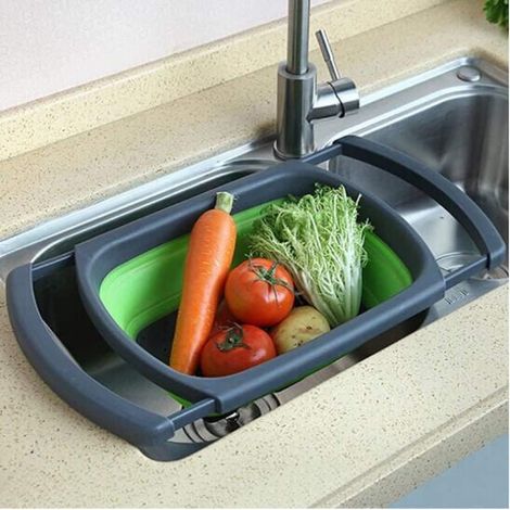 Passoire pliable 3,8 L avec poignées extensibles, gain de place, égouttage rapide pour la cuisine, compatible avec la plupart des éviers, verte (1/5)