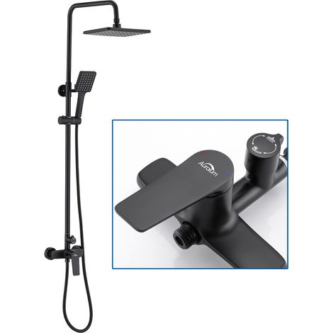Columna de ducha con Ducha Monomando Negro, Conjunto de ducha para Bañeras y Baños con Ducha de Lluvia y Ducha de Mano, Regulable en altura de 93 a 130 cm