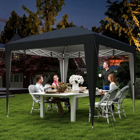 Cenador plegable de 3x3 m con altura regulable, luz central y mando a distancia, fabricado en metal y poliéster, color negro. (1/5)