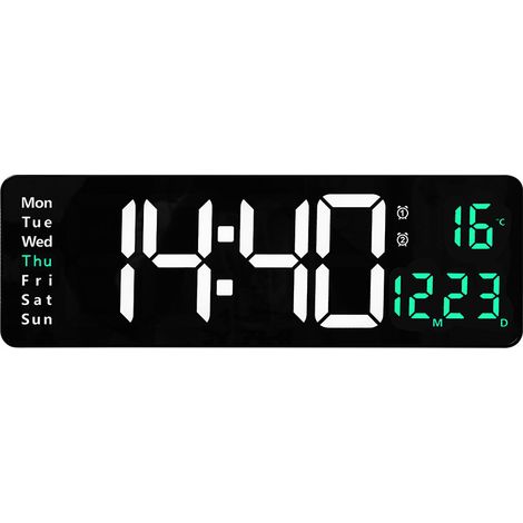 Horloge murale, design minimaliste, thermomètre/hygromètre, avec affichage du jour de la semaine, affichage LED, forme carrée, compte à rebours, fonctionne uniquement sur secteur. (1/3)