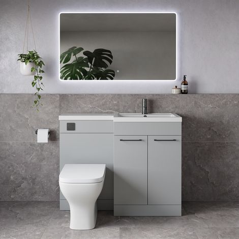Napoli 390 Gloss Grey Pearl 1100mm 2 Door Vanity Unit Toilet Suite with Square Right Hand Lucia Basin - 1100mm - Gunmetal Grey 160mm HandleWith Kingston Toilet Pan and Seat