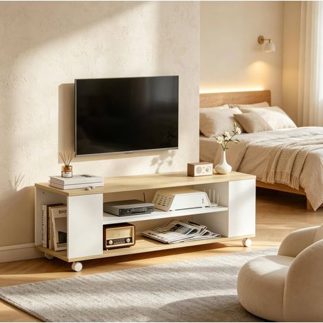 Mueble TV bajo con ruedas, 120 x 40 x 38,5 cm, blanco y natural, de tablero aglomerado (1/5)