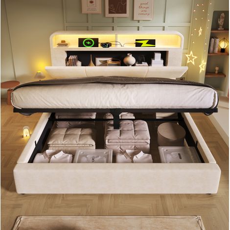 FLORAGRACE Lit coffre 140x200 cm en velours beige avec tête de lit relevable, rangement hydraulique, LED, ports USB/Type-C et matelas inclus, 3 colis (1/5)
