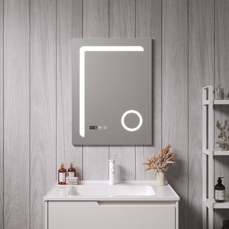 Espejo de pared con LED Chambave para baño IP65 antivaho reloj lupa 3X aluminio 80 x 60 x 3 cm - Plateado [pro.tec] (1/5)