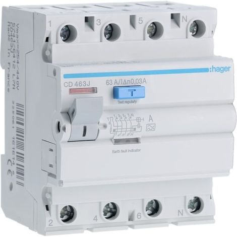 Hager – Interrupteur différentiel 4P 63A 30mA type A – Auxiliarisable – Entrée haute/sortie basse – CDA463J