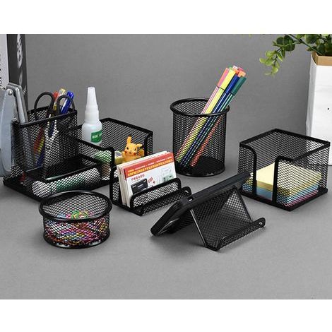 6 PCS Desk Storage Organizer Multifunctional Metal Mesh Desk Organizer Pencil Pot Pen Holder Round Metal Stationery Organizer for Office, School and Home (Black)