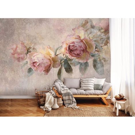 Fototapete Blumen Vintage Rosen Beton, für Wohnzimmer und Schlafzimmer, 150 x 105 cm – Komplettset inkl. Kleister & Anleitung (1/5)