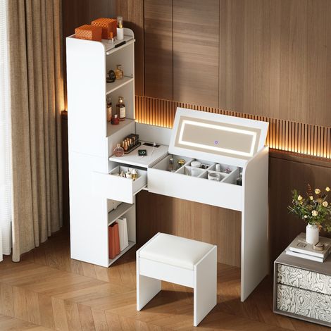 MODFU – Tocador 131x40x160 cm con espejo LED 3 colores, puerto USB, compartimento lateral y taburete incluido – Blanco (1/5)