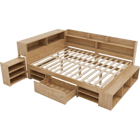 Cama infantil multifuncional 140 x 200 cm con almacenaje en madera natural (1/5)