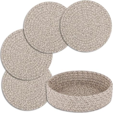 Dessous Plat Coton – Lot 4 – Marron – Protection Table/Comptoir – Maniques – Panier Rangement – Cuisine (1/5)