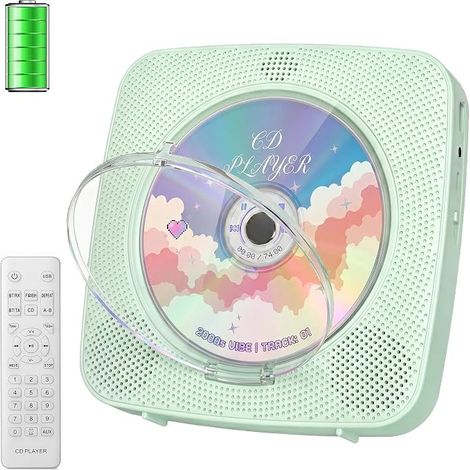 Gueray Portable Bluetooth CD Player 1800mAh Desktop CD Player for Home CD Players with Two Speakers Remote Control Dustproof Cover FM Radio Display Timer USB Aux (Green) (1/5)
