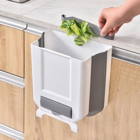 White Foldable Plastic Kitchen Trash Can Wall Mounted Cupboard Door Hanging Trash Can 8L (1/5)