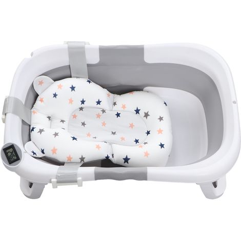 Baignoire bébé antidérapante avec tapis de suspension, thermomètre et trou de vidange, pliable, grise. (1/5)