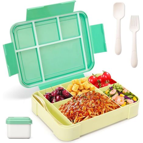 Lunch Box, Bento Box Boîte à Déjeuner en Plastique pour Enfant Adulte, 1300ml Boite Bento Boîte à Repas avec Trois Compartiments et des Couverts, Sans BPA, Pour Micro-Ondes (Vert) (1/3)