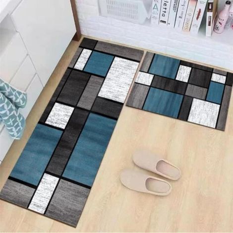 Lot de 2 Tapis Cuisine - Absorbant Antidérapant Tapis Salon Salle Bain - 40 x 60cm et 40 x 120cm - Rectangle Bleu Gris