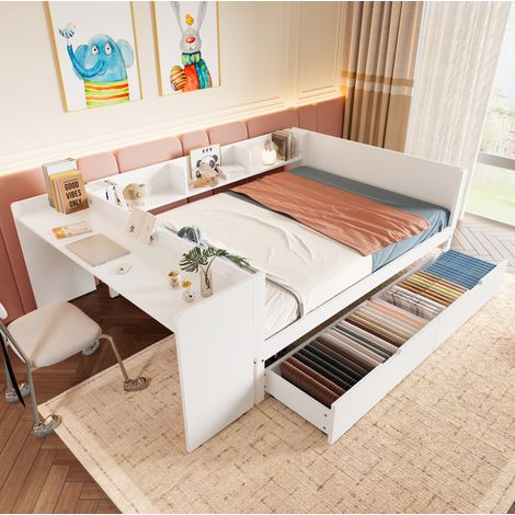 Lit double moderne 140x200 cm avec bureau, 2 tiroirs et 3 étagères, en pin et panneaux de particules blanc (1/5)
