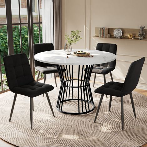 Ensemble de salle à manger 5 pièces MDF effet marbre blanc, table ronde 100x100x75 cm et 4 chaises en velours noir (1/5)