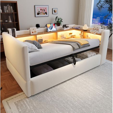 Divano letto 90x190 cm con vano contenitore idraulico, illuminazione a LED, prese di corrente e scomparti multipli, flanella - beige (1/5)