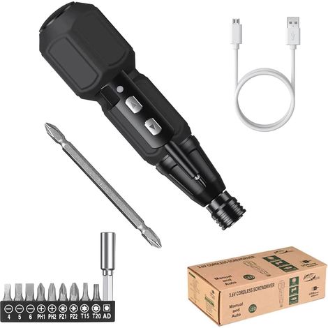 Tournevis électrique sans fil 3,6 V rechargeable, outil de réparation automobile rotatif portable avec lumière LED, embout double tête de 6,35 mm et câble de chargement USB (1/5)