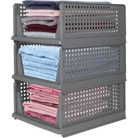 Haloyo® Lot de 3 Boîtes de Rangement Pliable, Panier de Rangement et Empilable Plastique Organisateur Tiroir, 33.5x43x54.5cm, Gris (1/5)