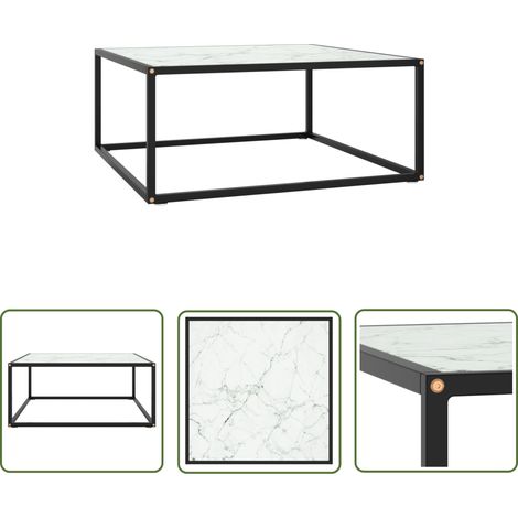 The Living Store Table basse Noir avec verre marbre blanc 80x80x35 cm - Table Basse - Meuble Salon - Table D'appoint - Table Design - Table Contemporaine (1/5)