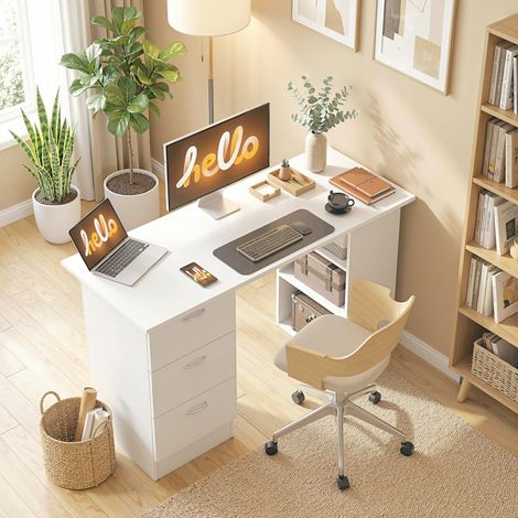 Bureau en bois blanc 120x49x72cm avec support PC, 3 tiroirs et 3 étagères, table de travail pour chambre ou bureau (1/5)