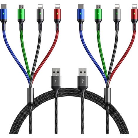 1.5M Câble de Charge Multi USB 3A, Cordon de Chargeur 4 en 1 avec Ports IP/Micro USB/Type C pour Téléphone 12 11 Xs X 8 7 6/Tablettes/Samsung Galaxy S10/Huawei/LG/Google Pixel (1/5)