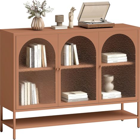 Rustikales, rostfarbenes Wohnzimmer-Sideboard, Aufbewahrungsmöbel mit 3 gewölbten Glastüren, offenem Regal, 140x40x105 cm, dekorativer Glasschrank für das Wohnzimmer.