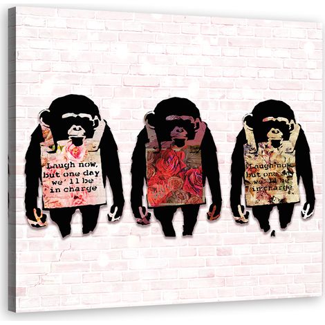 Quadro su tela, Banksy ride le scimmie - 50x50 (1/5)