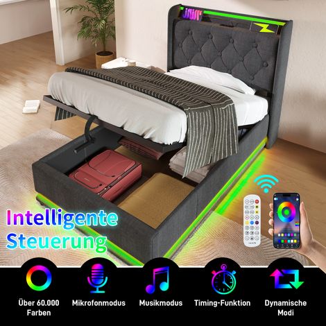 Polsterbett 90×200 cm, Einzelbett mit LED 360°, USB, Typ C und Ablagen, ohne Matratze, aus Leinen, Grau