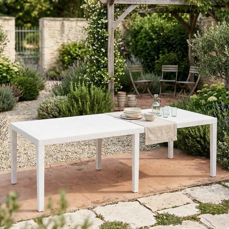 Table d'extérieur, Etagère à manger rectangulaire extensible, Table de jardin extensible effet rotin, 150/220x90h72 cm, Blanc (1/5)