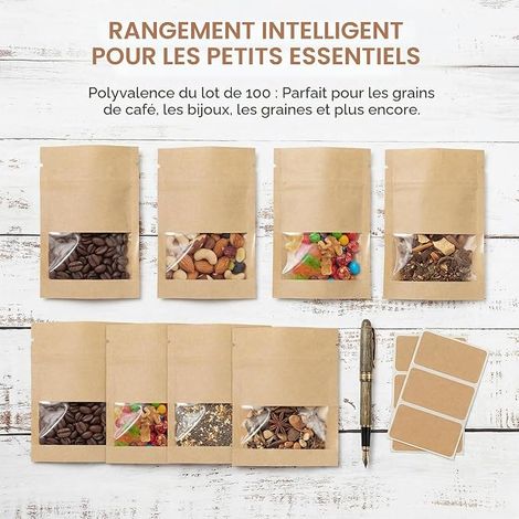 Sachet Kraft avec Fenetre, 7x9CM Sachet Kraft Zip Marron Sachets Krafts Petits Sachets de Graines Papier Kraft pour Noix, Nourriture, Bonbons (1/2)