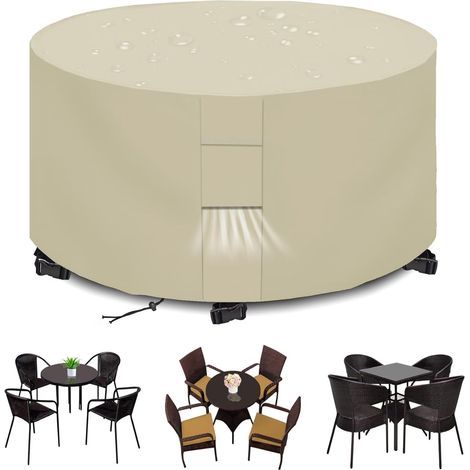 Housses pour Mobilier de Jardin Exterieur Imperméable Housse Table de Jardin Protection avec Grilles D'aération Housse Salon de Jardin 420D Rond Bache Table Anti-UV Beige (188x84cm) (1/5)