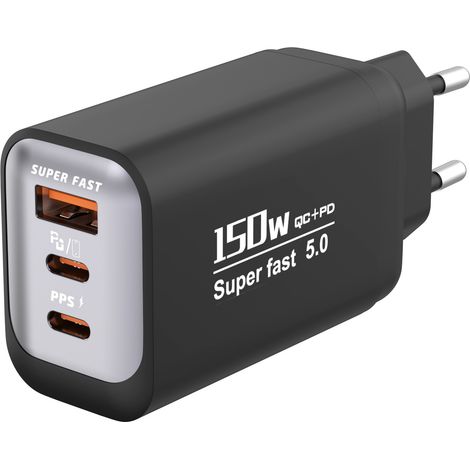 Chargeur mural 150W multi-protocoles (1 USB-A + 2 USB-C PD), prise EU noire, charge rapide (1/5)