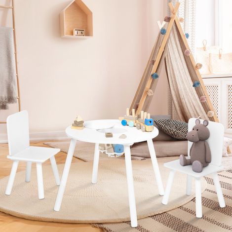 CANDICE mesa para niños + 2 sillas con espacio de almacenamiento en madera blanca (1/5)