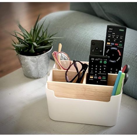 Organizador de escritorio de madera con 5 compartimentos para artículos de oficina y cosméticos. (1/4)