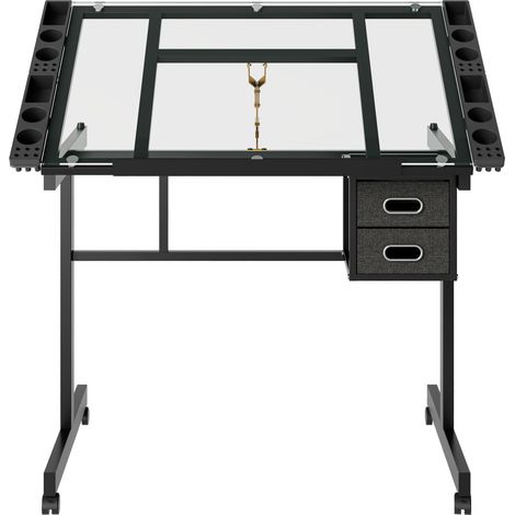 Tavolo da disegno regolabile 103x60x78 cm vetro nero con 2 cassetti, 4 ruote - CHICFURN (1/5)